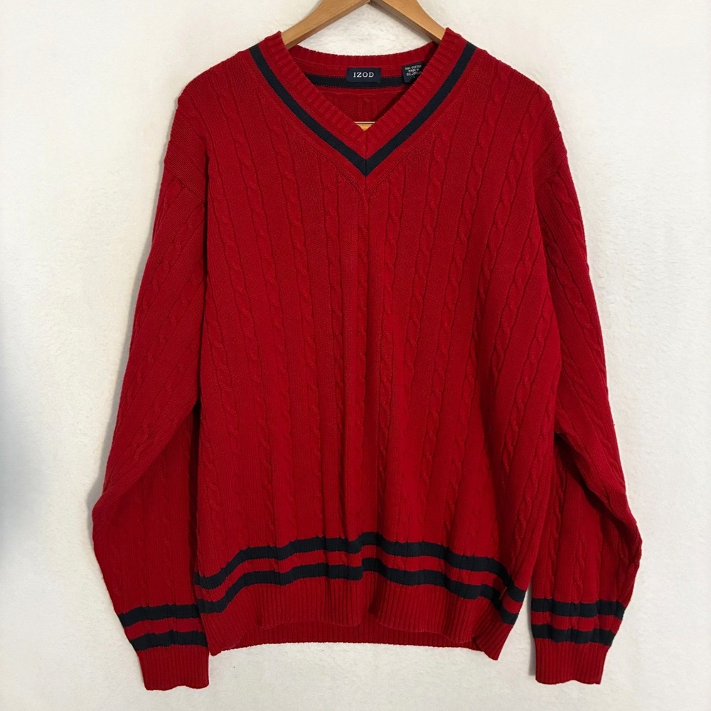 Vtg Izod Cable Knit Sweater Mens Size L Red V-Neck Cricket Tennis Preppy Ivy